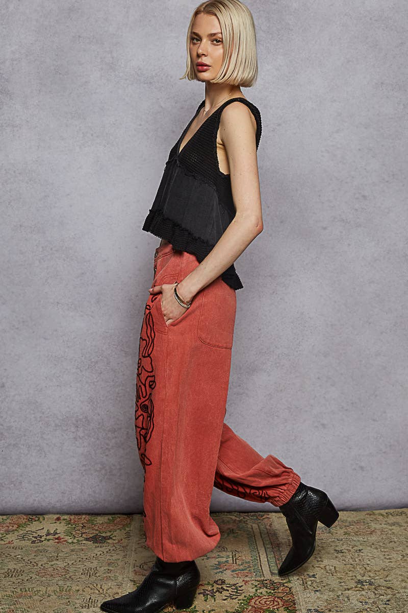 Floral Embroidered Twill Pants
