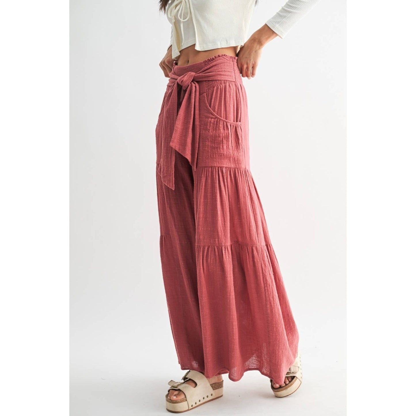 English Red Tiered Wide Leg Pants