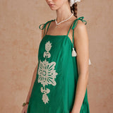 Floral Embroidered Sleeveless Tassel Tie Strap Midi Dress