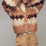 Chevron Chunky Knit Cardigan – Balloon Sleeves, Cropped Fit
