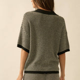 Striped Rib-Knit Collared Split-Neck Top