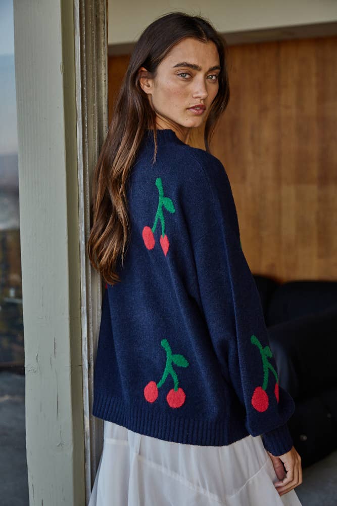 Cherry Detail Mock Neck Sweater