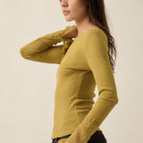 Solid Ribbed Knit Long-Sleeve Lace-Cuff Fitted Top