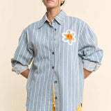 Plus - Striped Peace Maker Daisy Applique Button-Down Shirt