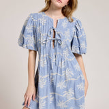 Palm Print Puff Sleeve Tie Front Mini Dress