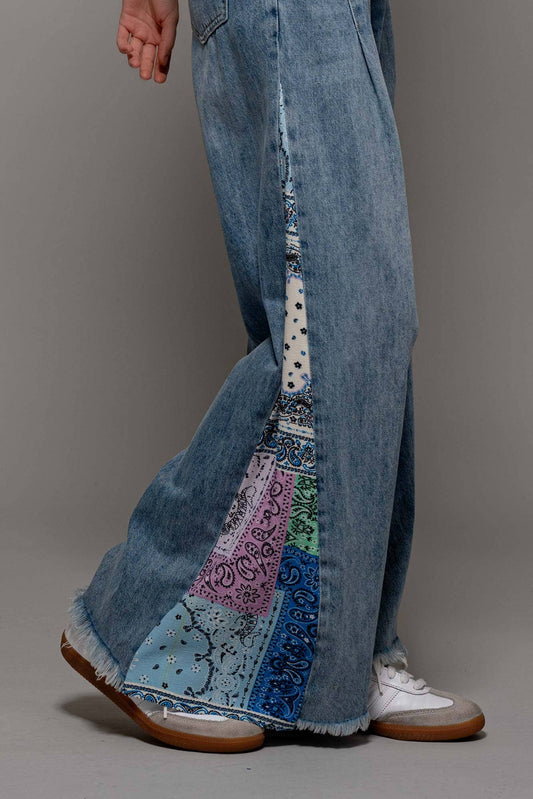 Paisley Bandana Print Wide-Leg Denim Jeans