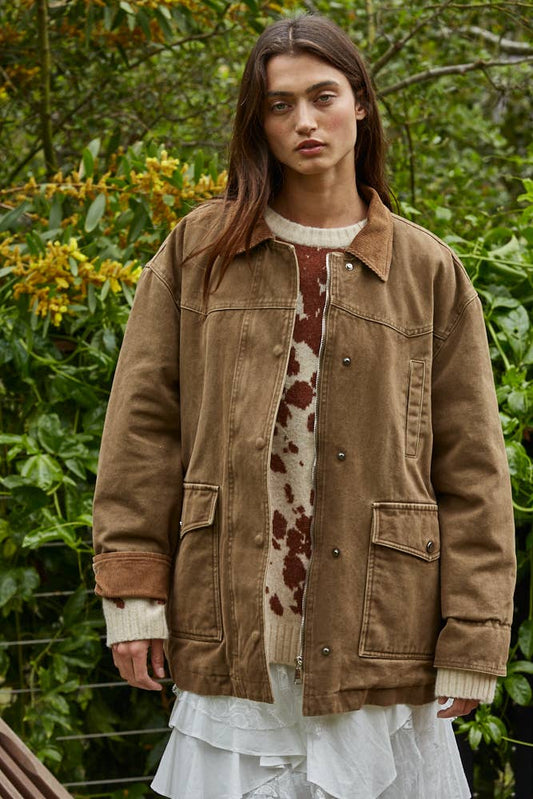 Cotton Collared Brown Denim Jacket