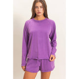 Mineral Wash Long Sleeve Raw Edge Top & Shorts Set