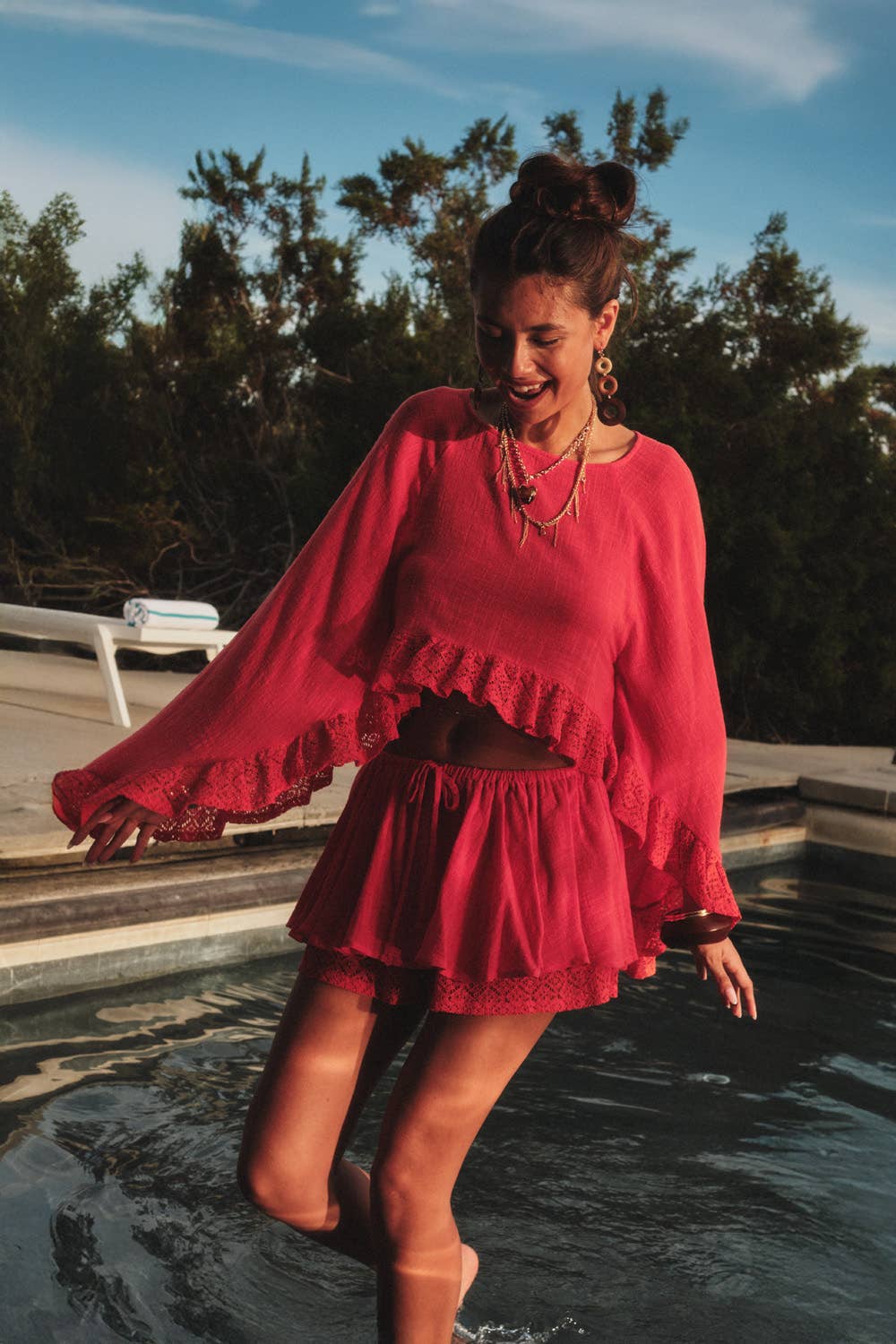 Cotton Gauze and Crochet Lace Gathered Drawstring Skort