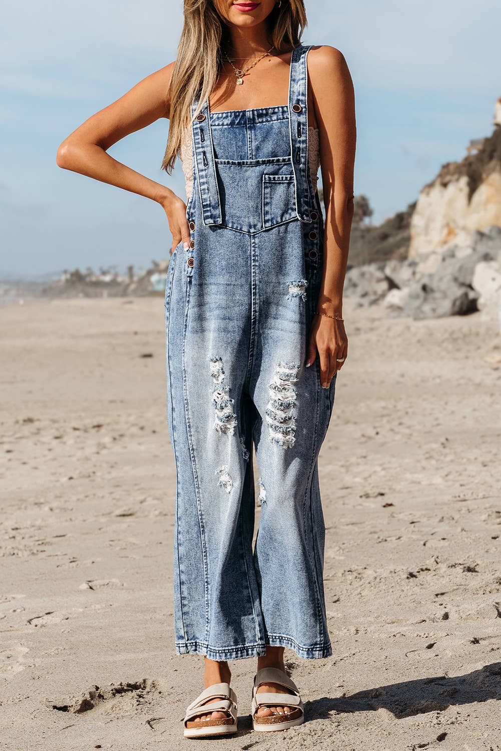 Distressed Capri Denim Overalls