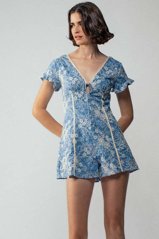 Embroidered Flutter Sleeve Romper