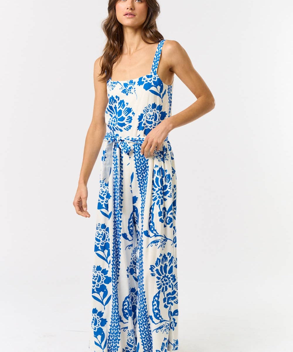 ILR5024 Floral Print Tie Waist Wide Leg Jumpsuit