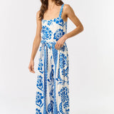 ILR5024 Floral Print Tie Waist Wide Leg Jumpsuit
