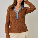 61698 Denim Mix Textured Knit Henley Top