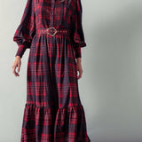 Plaid Belted Layered Button Down Balloon Sleeve Maxi Dress