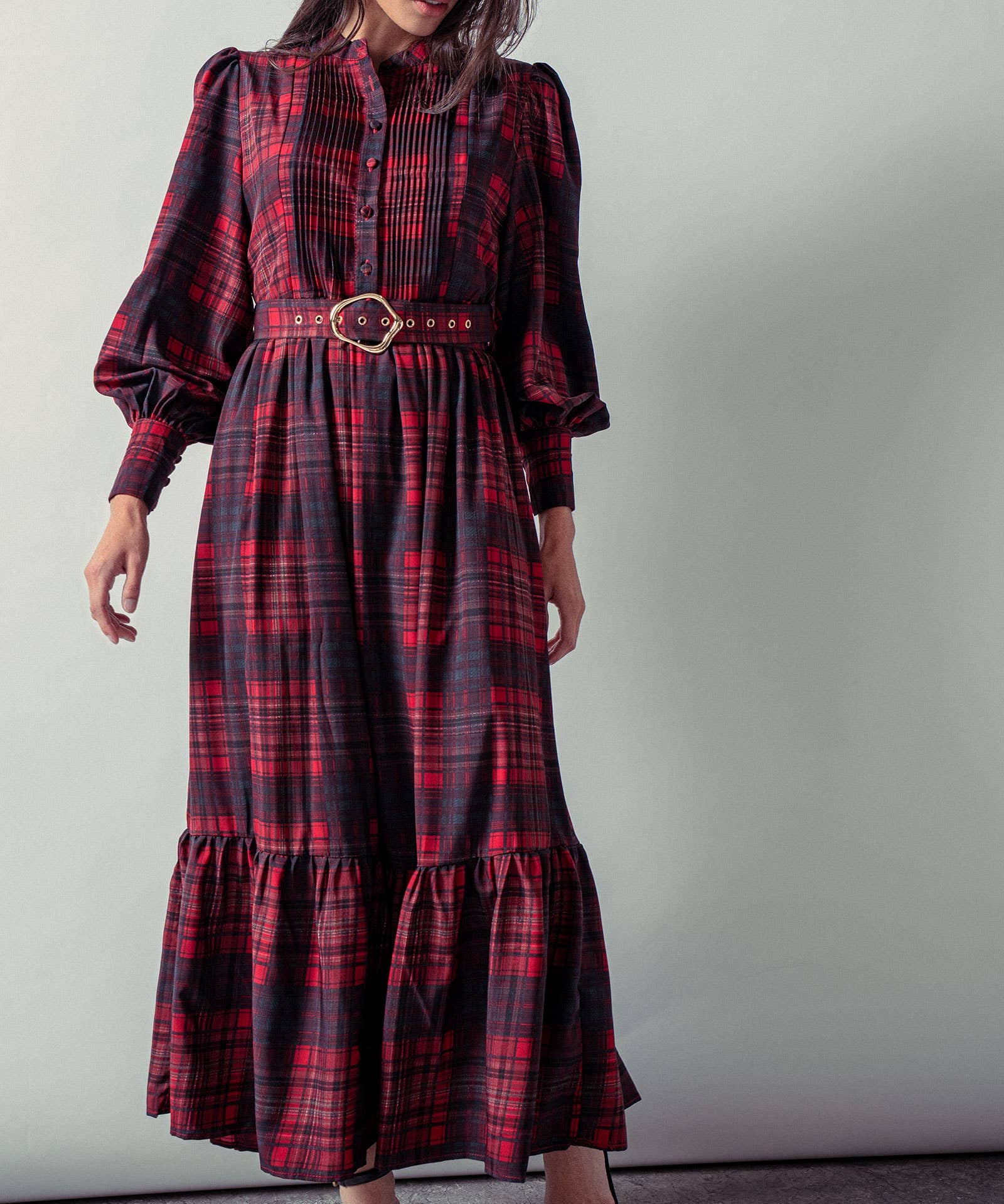 Plaid Belted Layered Button Down Balloon Sleeve Maxi Dress