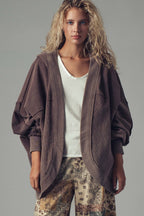 Washed Waffle Knit Hooded Cardigan