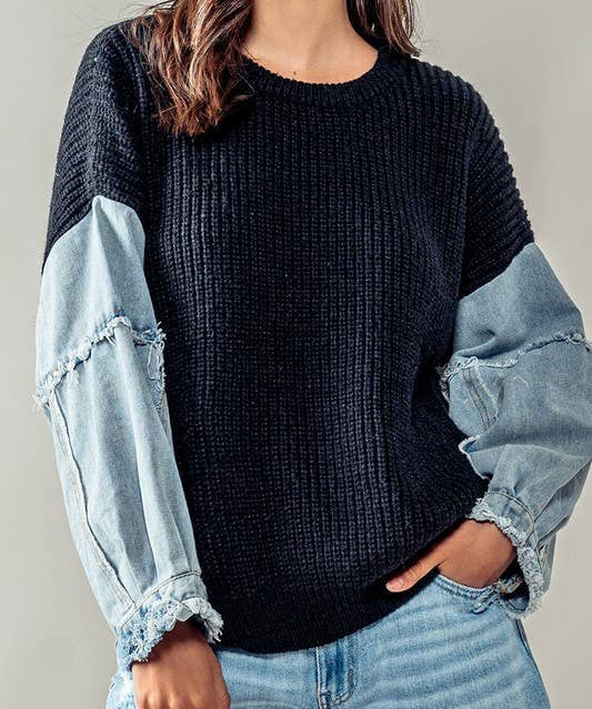 Denim Sleeve Knit Sweater