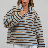 T3535 Relaxed Sherpa Striped Half Zip Pullover