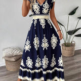 Western Boho Ethnic V-Neck Ruffle Hem Dress