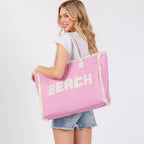 "Beach" Embroidered Fringe Tote Bag
