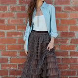 Plaid Mesh Ruffle Maxi Skirt - RS1106