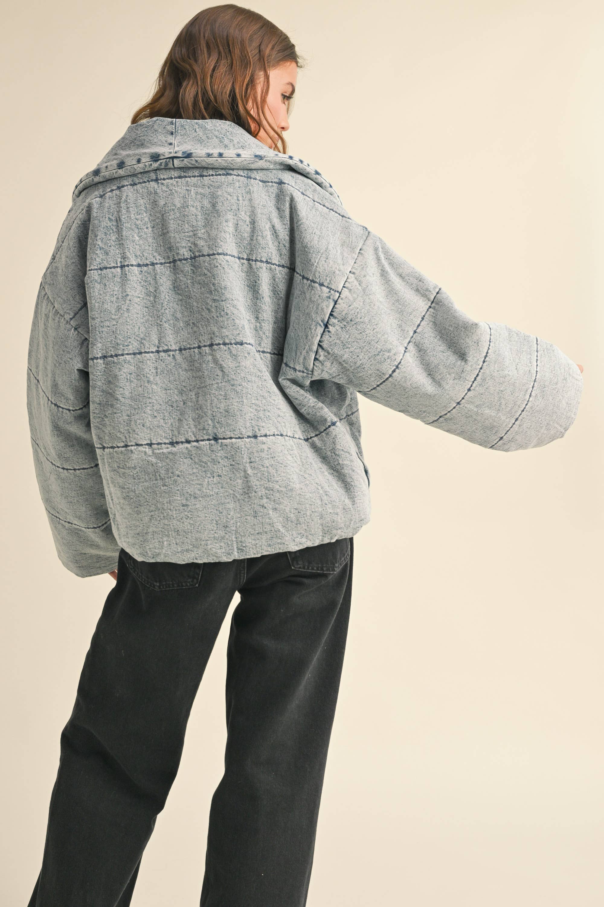 Quilted Tie-Close Denim Jacket