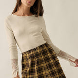 Solid Ribbed Knit Long-Sleeve Lace-Cuff Fitted Top