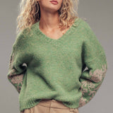 Romantic Floral Embroidered V-Neck Sweater
