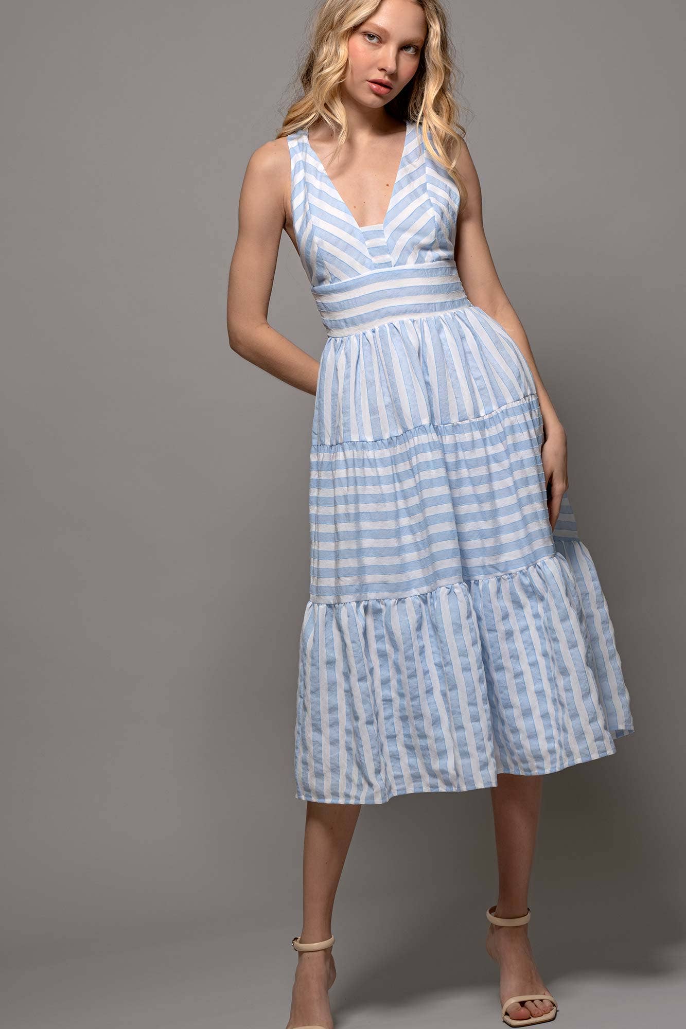 Textured Stripe Cross-Back Tiered Dress