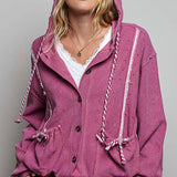 Vintage Washing Solid Laser Cut Thermal Knit Hoodies Top
