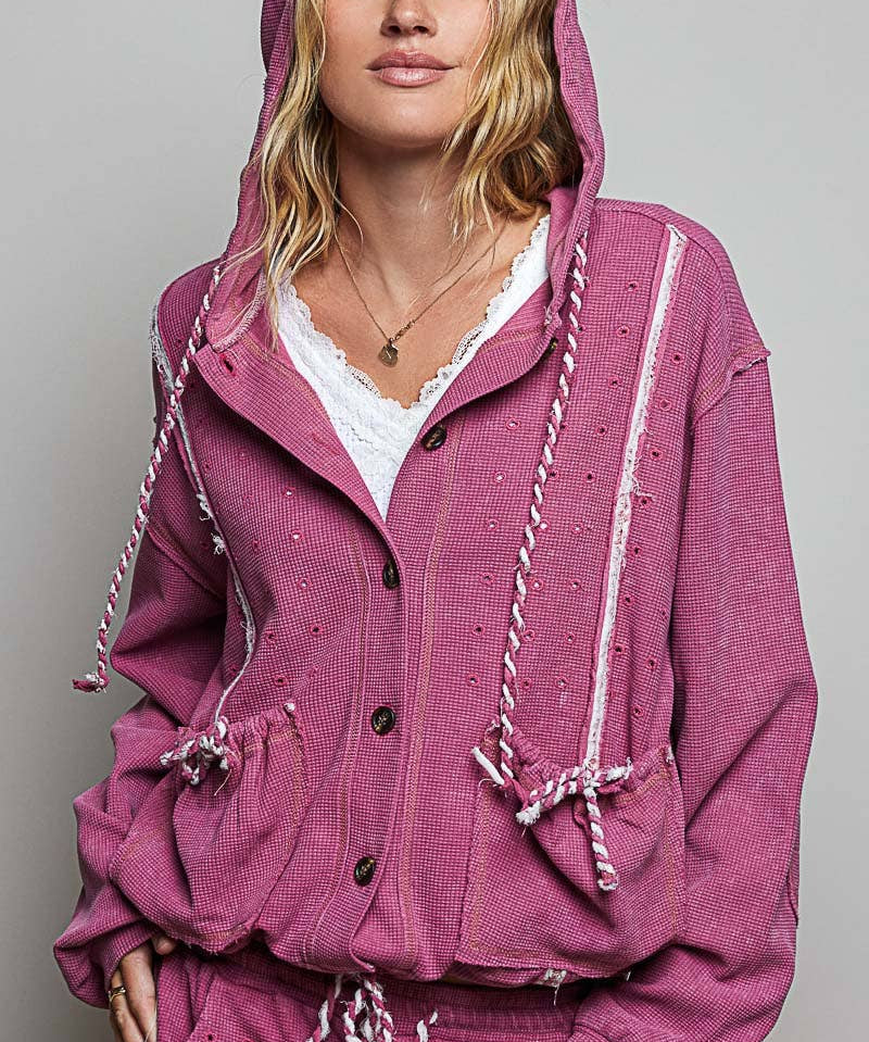 Vintage Washing Solid Laser Cut Thermal Knit Hoodies Top