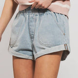 Spring Elastic Waist Cuffed Print Shorts