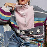 High Collar Half Zipper Ethnic Color Block Pullover Sweater
