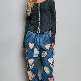 Vintage Washing Solid Metal Button Down Thermal Knit Top