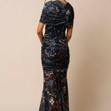 Printed Asymmetrical Mesh Ruched Maxi Dress
