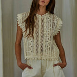 Woven Cotton Lace Buttondown Sleeveless Top
