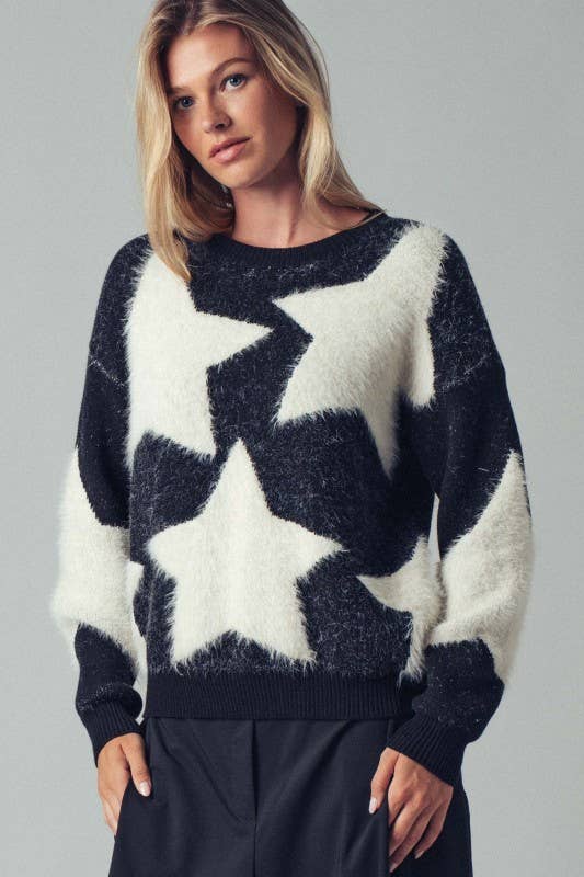 Fuzzy Knit Star Pattern Sweater Top