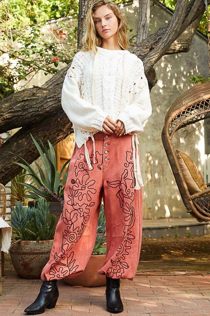 Floral Embroidered Twill Pants