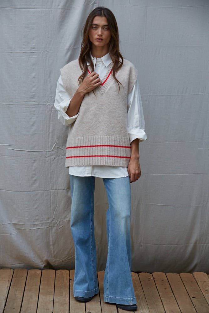 Knit Sweater Vest Top With Printed Striped Detail