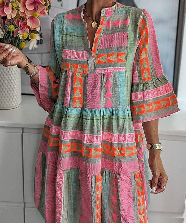Printed V-Neck Mini Dress