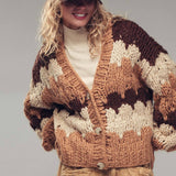Chevron Chunky Knit Cardigan – Balloon Sleeves, Cropped Fit