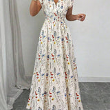 Smocked Waist Cap Sleeve Floral Print Maxi Dress