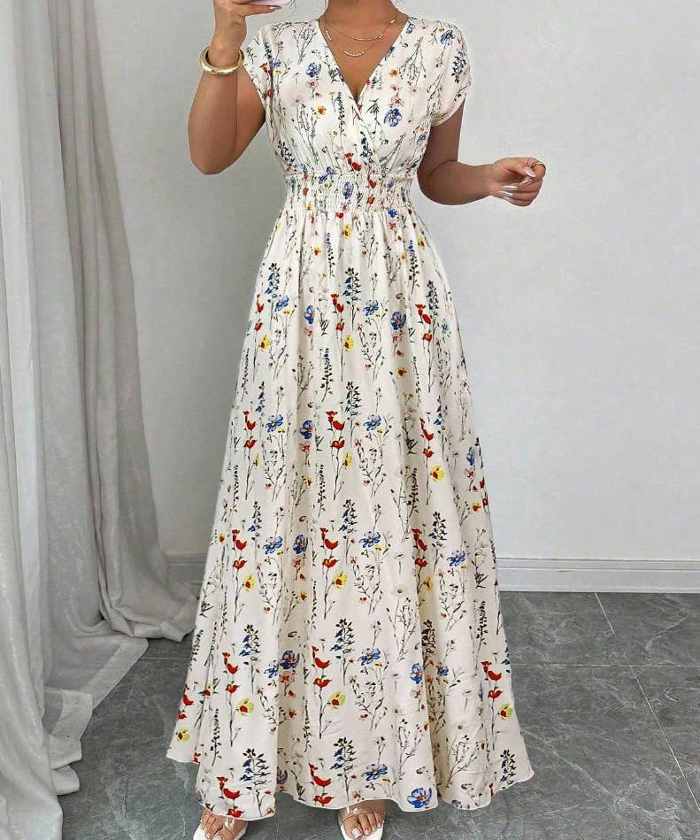 Smocked Waist Cap Sleeve Floral Print Maxi Dress