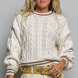 Cable Knit Crewneck Contrast Trim Sweater Top