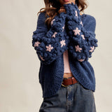 Hand Knit Floral Bobble Sleeve Cardigan LSW1097