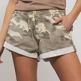 Spring Elastic Waist Cuffed Print Shorts