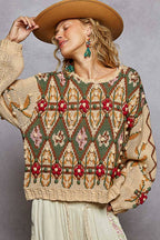 Aztec Pattern Floral Detail Sweater