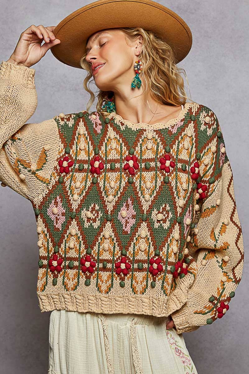 Aztec Pattern Floral Detail Sweater