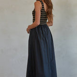 Knit Striped Ribbed Bodice Flare Dress